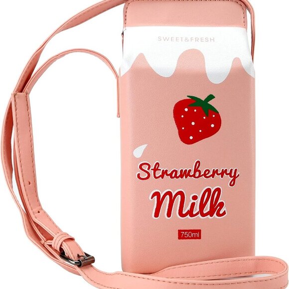 Cute Strawberry Milk Box CrossBody Purse Bag,PU Phone Shoulder Wallet for Women - Picture 1 of 5